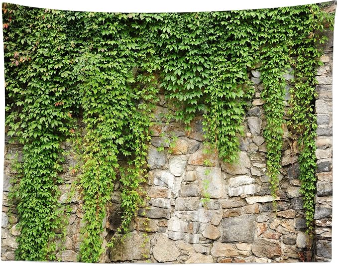 BELECO Stone Wall Tapestry - 80x60 Inch Spring Garden Green Leaves Old Stone Wall Overgrown with Leaves Outdoor Nature Greenery Home Decor for Living Room & Bedroom