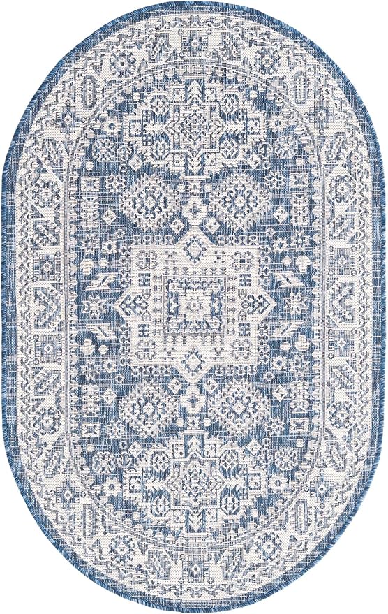 Unique Loom Outdoor Aztec Collection Area Rug - Chalca (3' 3" x 5' 3" Oval, Blue/ Ivory)
