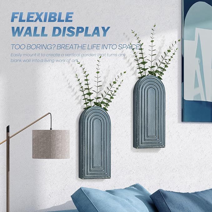 EOSAHR Pine Wood Wall Vases Set of 2 – Boho Decor Wall Planters for Indoor Plants & Flowers – Farmhouse Hanging Vases for House Decorations Living Room, Bedroom, Kitchen & Office (Denim Blue)