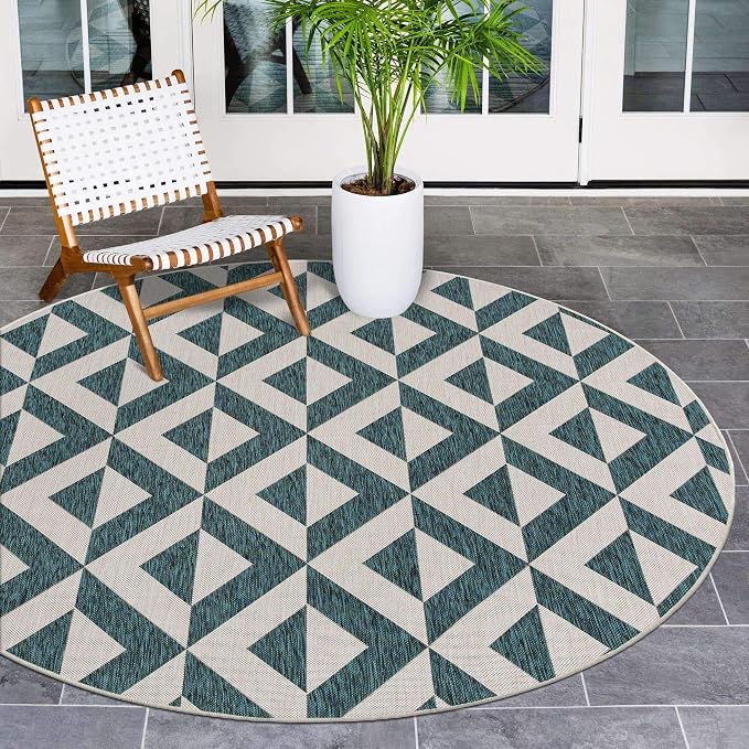 Unique Loom Outdoor Collection Area Rug - Napa (4' 1" Round, Teal/ Ivory)
