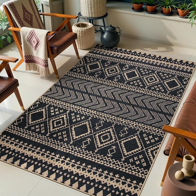 Lahome Boho Western Balcony Rug, Black 3x5 Washable Entryway Rug | Non-Slip Indoor Outdoor Carpet, Western Geometric Print Front Door Carpet for Patio Front Door