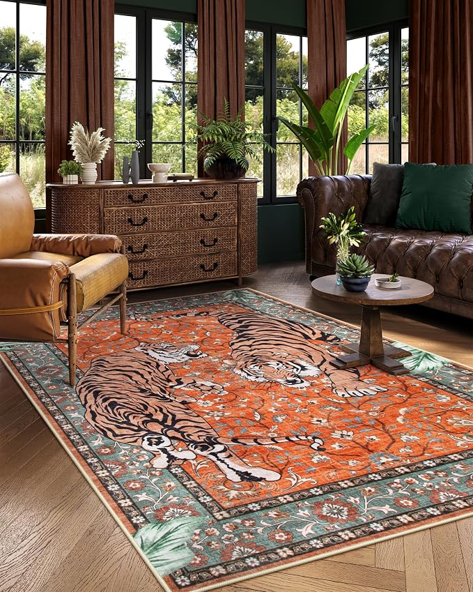 Moynesa Tiger 5x7 Area Rug, Boho Washable Living Room Rug, Non Slip Rugs for Bedroom, Ultra Thin Vintage Soft Stain Resistant Throw Floor Carpet for Office Dining Room, Rust
