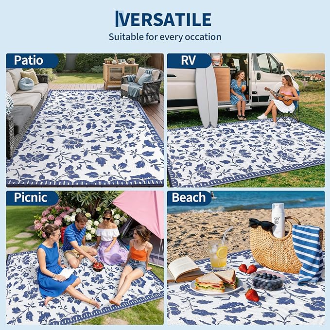 Garvee 5x8 Outdoor Rug Waterproof, Vintage Floral Plastic Straw Rugs, Camping Rugs for Outside Your RV, Foldable Lightweight Reversible Carpet with Portable Bag for Patio, Backyard, Beach, Navy＆White