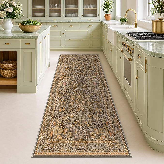 Non Slip 2x7 Gold Brown Runner Rugs - Washable Long Runner for Bathroom, Kitchen, Hallway, Indoor Floor Mat, Bedroom Bedside - Brown Earthy Vintage Floral Décor