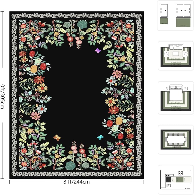8x10 Area Rugs, Eco-Friendly Floral Washable Rug, Large Rugs for Living Room, Dining Room, Non-Slip Soft Durable Bedroom Rug（Black）