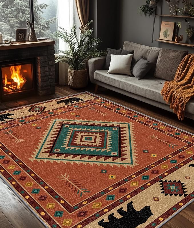 Cabin Rug 5x7 - Bear Southwestern Aztec Area Rugs for Living Room Bedroom, Rustic Boho Machine Washable | Non-Slip | Soft Large Carpets, Native American Home Decor (Orange Tan Black)