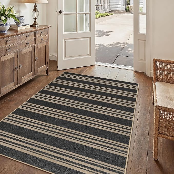 PureCozy Striped Easy Jute Rug 3x5 Black Entryway Carpet Washable Non Slip Office Door Mat Farmhouse Neutral Non Shedding Small Indoor Outdoor Rug for Bathroom Kitchen Bedroom Living Room