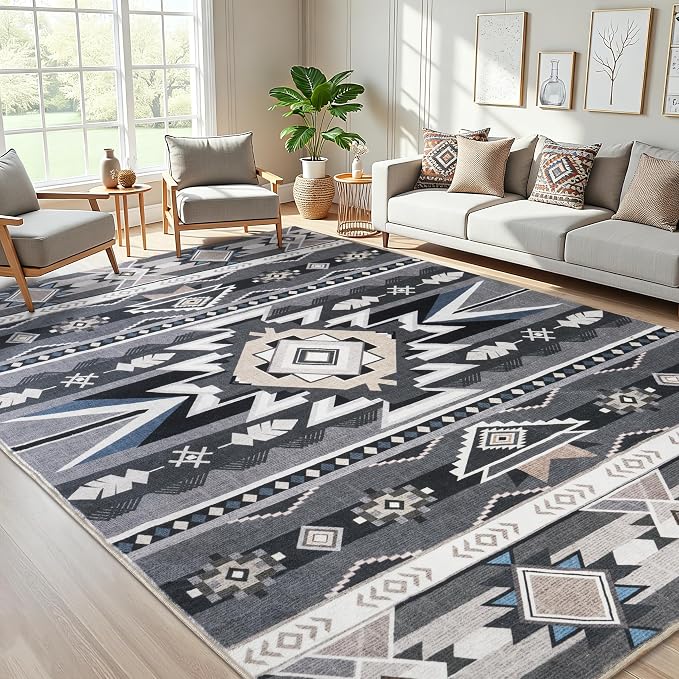 6x9 Western Rustic Aztec Area Rug for Living Room Bedroom Dining Room | Southwestern Tribal Grey Low Pile Faux Wool Rug, Machine Washable Non-Slip Carpet for Living Room Dining Bedroom