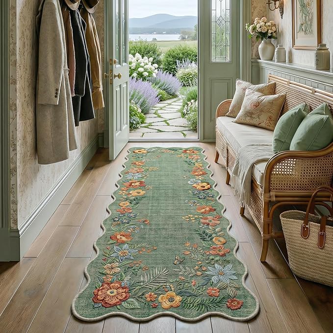 FMFUNCTEX 2x6 Hallway Runner Rug Washable Sage Green Floral Scalloped Boho | Vintage Non Slip Flower Colorful Traditional Low Pile Cottage Indoor Carpet Entryway Rugs Kitchen Bedroom Laundry Bedside