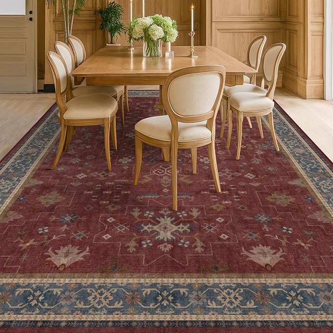 Moroccan Big Rugs for Living Room - Dark Red 10x14 Area Rug for Large Bedroom, Dining Room, Washable Lightweight Low Pile Foldable Oriental Burgendy Home Décor
