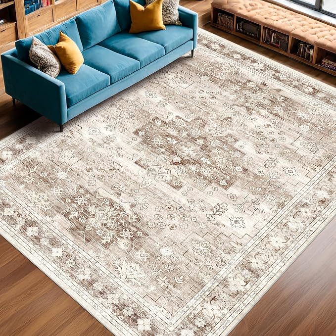 Washable Farmhouse Living Room Rug, 9x12 Area Rugs for Bedroom, Dining Room Under Table Carpet, Kids Room, Large Boho Vintage Non-Slip Floral Rugs Low Pile Stain Resistant (9x12 Beige/Latte)