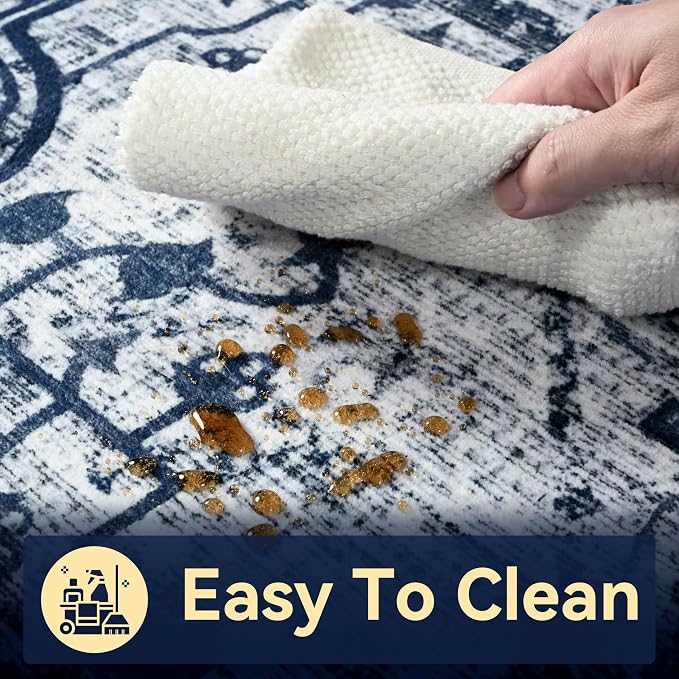 YJ.GWL Area Rugs for Living Room 5x7 Machine Washable Rugs, Non Slip Floral Vintage Rug Indoor Carpet, Stain Resistant Large Rug for Bedroom Dining Room, Navy Blue