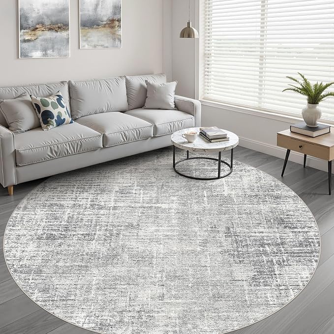 LOONGRUG Round Rug 7x7 Washable Neutral Modern Rug for Living Room Grey | Circle Large Abstract Soft Stain Resistant Indoor Non-Slip Carpet for Bedroom Nursery Kids Office Playroom Dining Room