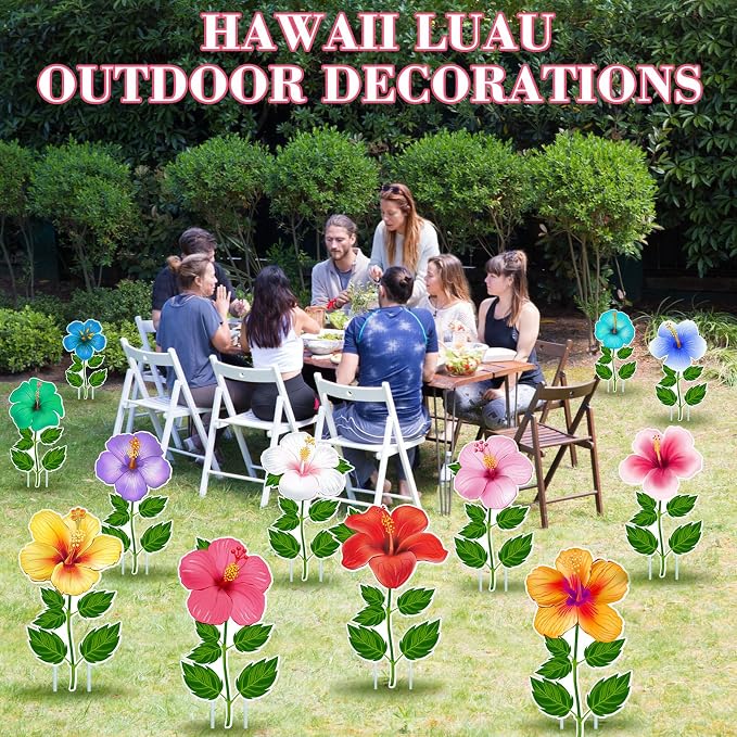 Menkxi 12 Pcs Hawaiian Luau Yard Signs Summer Hibiscus Lawn Sign Tropical Flower Yard Stake Waterproof Luau Outdoor Decorations for Happy Hawaiian Wedding Summer Party Garden Home Decor