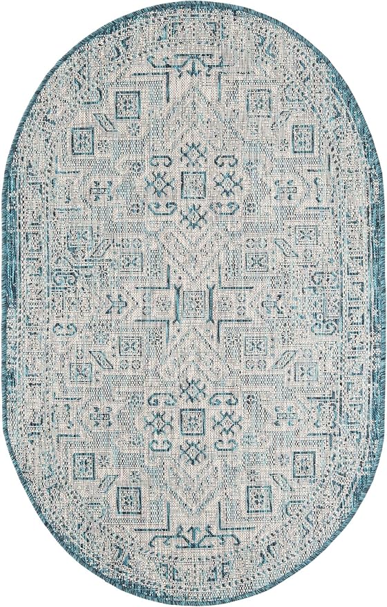 Unique Loom Outdoor Aztec Collection Area Rug - Coba (3' 3" x 5' 3" Oval, Teal/ Ivory)