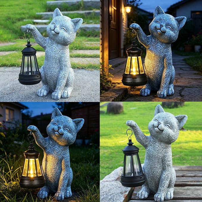 Cat Garden Outdoor Statues: Outside Decor with Lanterns for Yard Art Lawn Ornaments Porch Patio Balcony Home House - Birthday Gifts for Grandma Mom Women (cat2)