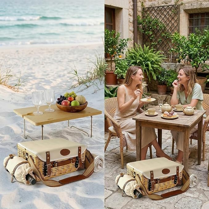 Multifunctional Wicker Picnic Basket Set for 2 Adults with Picnic Table and Blankets,Large Insulated Picnic Set with Wine Pouch and Full Tablewares for Camping Outdoor Couples Natural Beach Wedding