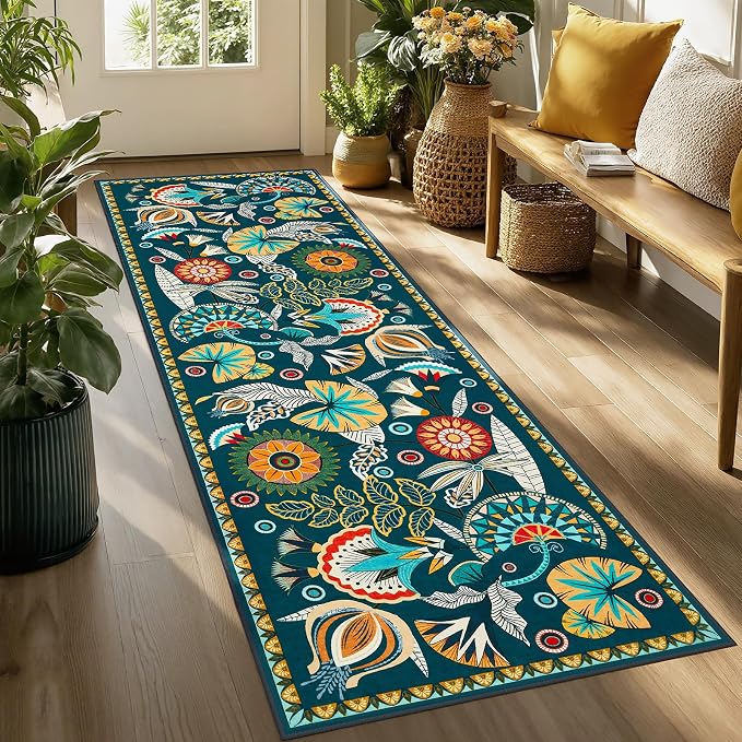 Joydeco Egypt Floral Boho 2x8 Washable Hallway Kitchen Runner Rug Non Slip | Dark Green Botanical Colorful Non Slip Stain Resistant Low Pile Flower Indoor Carpet Runner for Entry Laundry Room Bathroom