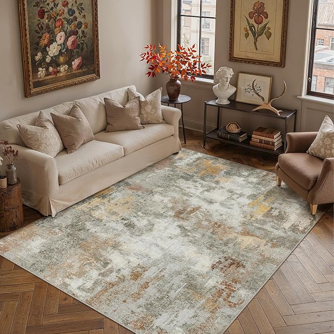 5x7 Grey Orange Modern Abstract Washable Area Rug for Living Room | Low Pile, Non Slip, Modern Abstract Style, Soft Indoor Rug for Living Room, Bedroom, Dining Room, Office, Home Decor