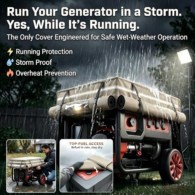 2025 Upgrade, Generator Covers While Running, 900D+210D Double Layer Production, Heavy Duty Dustproof and Waterproof Generator Covers, for 5000W-10000W Frame Generators, khaki, with Storage Bag