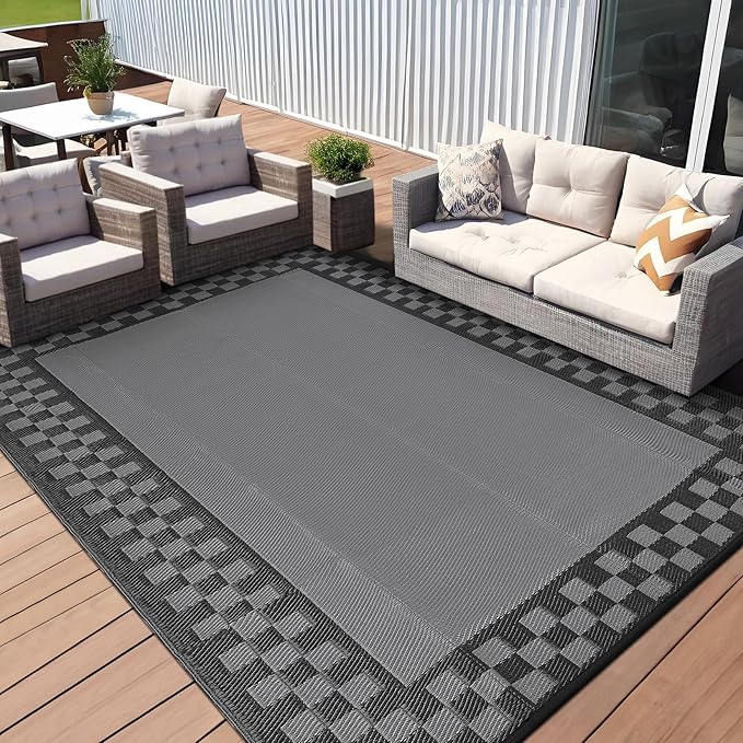 Waterproof Plastic Straw Outdoor Rug 9x18 Patio Reversible UV Resistant Foldable Camping Carpet Modern Geometric Outdoor Rugs for Deck, Picnic, Porch, Camper, Balcony, Beach，Black/Grey