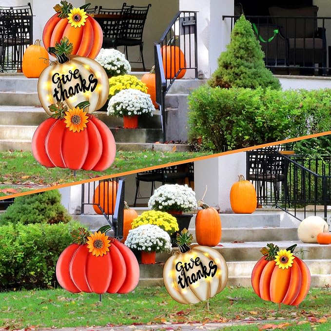 Fovths 39 Inches 3 Pieces Thanksgiving Metal Outdoor Fall Decorations, Giant LED Pumpkin Garden Lawn Patio Yard Signs, Metal Fall Waterproof Yard Sign for Home Thanksgiving Harvest Driveway Decor