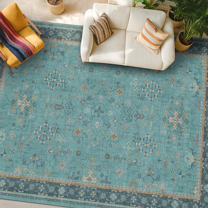 Boho 9x12 Large Teal Green Washable Living Room Rug - Vibrant Turquoise Rug for Bedroom Under Bed, Dining Room Under Table, Geometric Floral Low Pile & Soft Stain Resistant Carpet