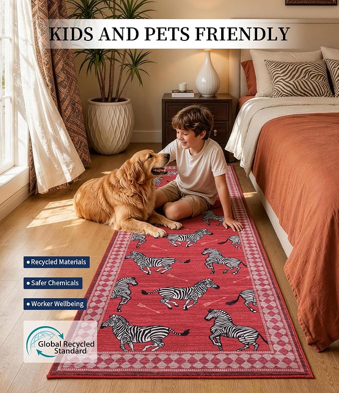YIHOUSE Zebra Hallway Runner Rug 2×8, Washable Animal Print Rug with Checkered Border, Non-Slip Low Pile Mid-Century Modern Carpet for Kitchen, Entryway, Living Room, Bedroom, Red