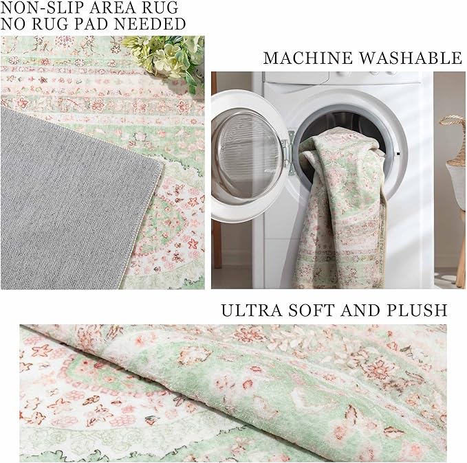 Washable Runner Rug 2x8,Long Boho Green Rug Runners for Hallways | Non Slip Rugs for Bedroom Entryway Living Room Bathroom,Vintage Bohemian Distressed Oriental Floor Carpet,Sage Blush Floral
