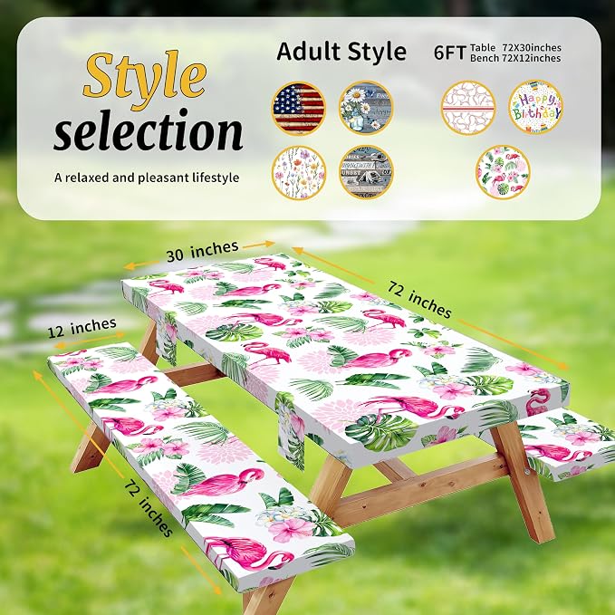 Picnic Table Cover with Bench Covers Elastic,Fitted Table Cloths for Rectangle Tables 6 Foot Washable,Waterproof Tablecloth for Outdoor Camping Essentials Accessories(6 Foot,Flamingo)