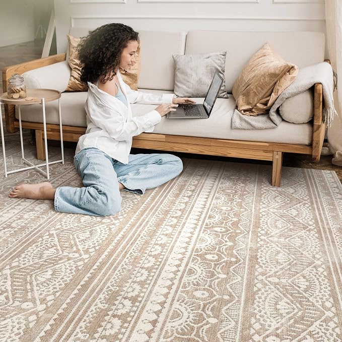 Tortania Area Rug Living Room Rugs - 6x9 Washable Large Soft Neutral Boho Moroccan Bohemian Farmhouse Rug Indoor Floor Carpet for Bedroom Under Dining Table Home Office Decor - Light Brown