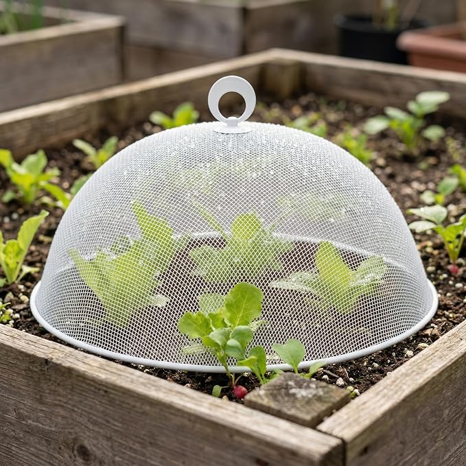MAGICLULU 2-Pack Metal Mesh Food Covers, 11.8-Inch Net Dome Plate Fly Tents, Outdoor Plant Seedling Protectors for Picnic, BBQ, Garden and Kitchen (Black, White)