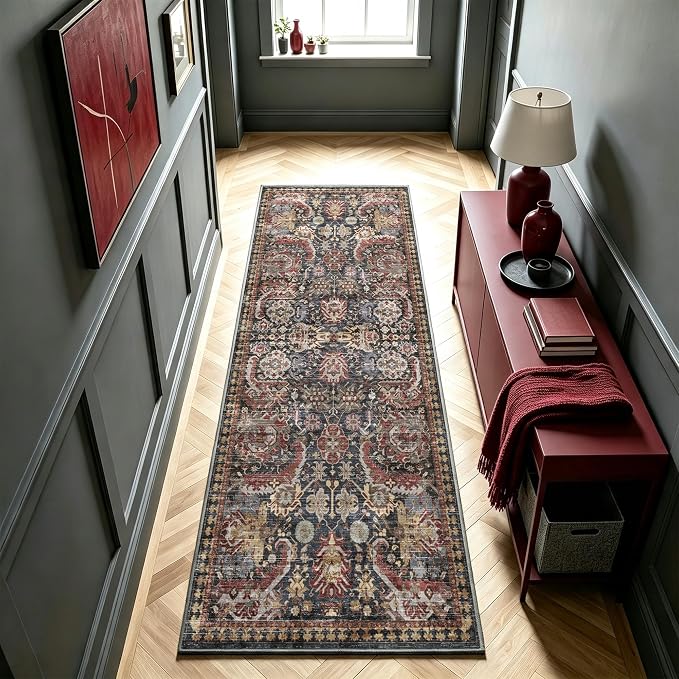 Washable Area Rugs - Perfect for Living Room, Bedroom, Kids Room, Nursery - Stain & Water Resistant Non-Slip, Pet & Child Friendly, Vintage Tribal Area Rugs (Rust, 2'6'' x 8')