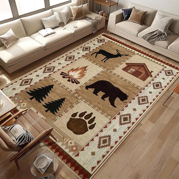 8x10 Cabin Bear Rustic Area Rug for Living Room Lodge Deer Wildlife Large Rug Country Farmhouse Westen Machine Washable Non-Slip Printed Low-Pile Indoor Carpet for Bedroom Dining Room Office