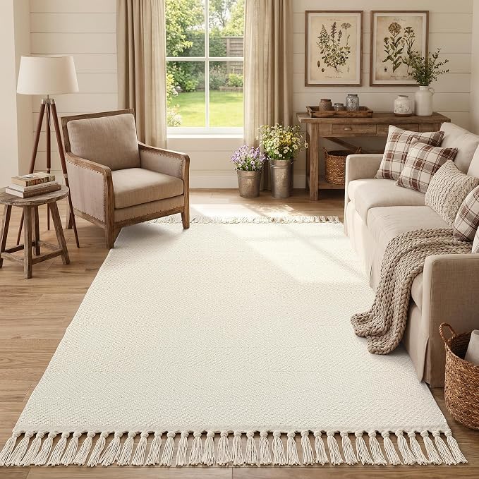 4' x 6' Bedroom Area Rug, White Modern Indoor Outdoor Rug | Boho Farmhouse Living Room Rugs, White Hand Woven Comfy Bedside Mats, Reversible Braided Dining Room Carpet for Nursery Patio