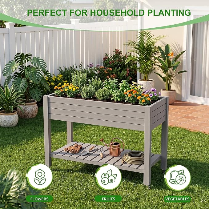 Elevated Resin Raised Garden Bed, 33.7in Height Raised Planter Box with Drainage Holes, Lockable Rotating Wheels & Bottom Storage Shelf, Stake Support, Easy Assembly for Patio Lawn Backyard Balcony