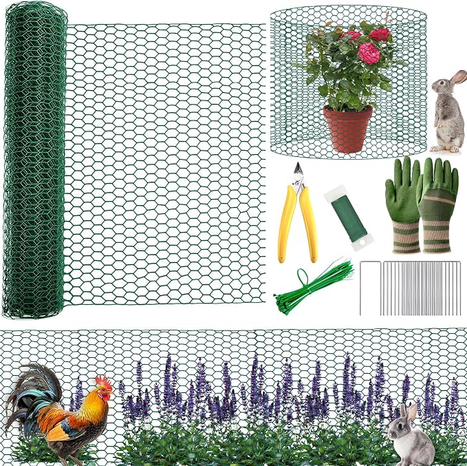 All-in-One 400 Inch Plant Protectors from Animals Kit - 0.85mm Heavy Duty Chicken Wire Cloche,Free-Cut Wire Mesh Roll Includes Pliers, Gloves, Ties, Stakes for Custom Outdoor Cages (16 * 400 Inch)