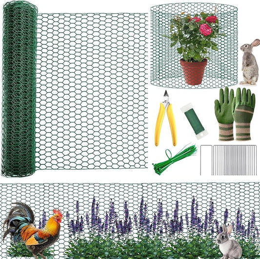 All-in-One 400 Inch Plant Protectors from Animals Kit - 0.85mm Heavy Duty Chicken Wire Cloche,Free-Cut Wire Mesh Roll Includes Pliers, Gloves, Ties, Stakes for Custom Outdoor Cages (16 * 400 Inch)