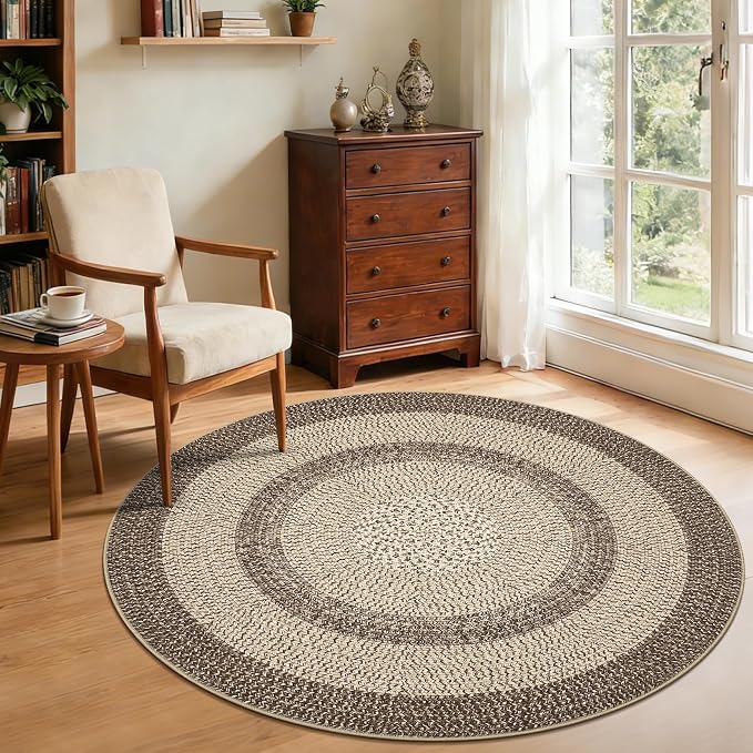 RUGSREAL Modern Bordered Round Area Rug 4ft Washable Bedroom Circle Rugs | Non Slip Stain Resistant Dining Room Round Throw Carpet Contemporary Circle Mats for Living Room Kitchen Nursery, Camel
