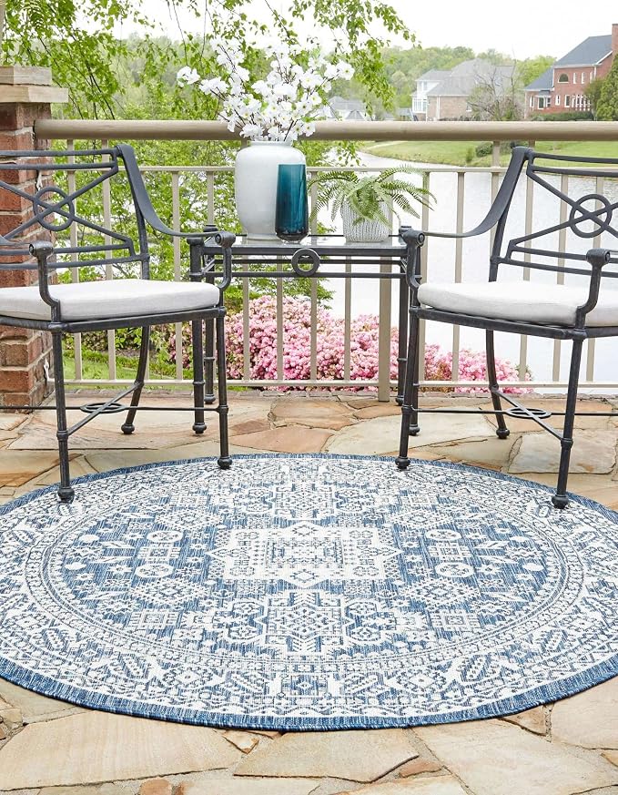 Unique Loom Outdoor Aztec Collection Area Rug - Chalca (13' Round, Blue/ Ivory)