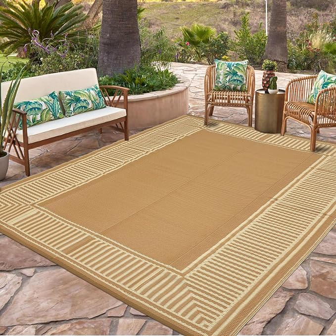 Garvee Outdoor Rug 9x18 Reversible Plastic Straw Patio Rug Border Beige | Reversible, Waterproof, Foldable, Easy Clean, Lightweight Floor Cover for Backyard Camping Porch RV Beach Balcony Deck Picnic