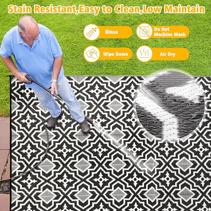Alfolo Outdoor Rugs for Patio Rv Mats Waterproof Outdoor Rug 9x18 Large Camping Rug Reversible Tightly Woven Plastic Straw Rug Rugs, Clean Easily Mat for RV, Deck, Camping,Pool, Rv Essentials