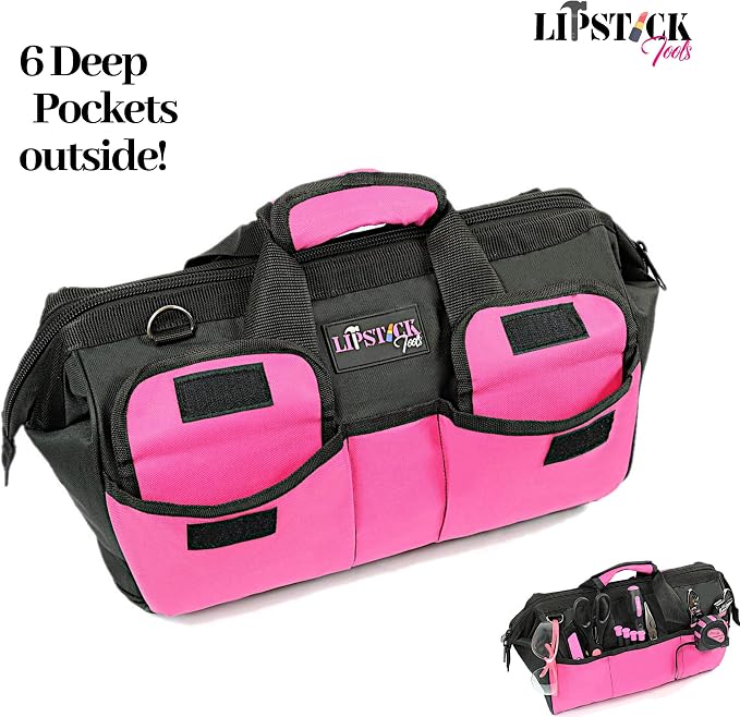 18-Inch Multi-Purpose Zip-Top Pink Storage Wide Mouth Tool Bag Organizer. Great for Home Improvement/Contractors Tools. Heavy Duty Storage Pockets and Shoulder Strap.