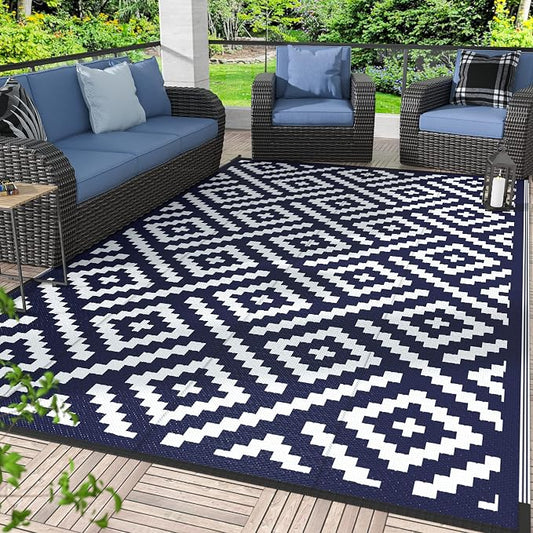 GENIMO 5'x8' Outdoor Rug Waterproof, Reversible Mats, Area Rug, Plastic Outside Carpet, Geometric Rv Mat for Patio Camping Picnic Backyard Deck Balcony Porch Beach Trailer (Navy Blue & White)