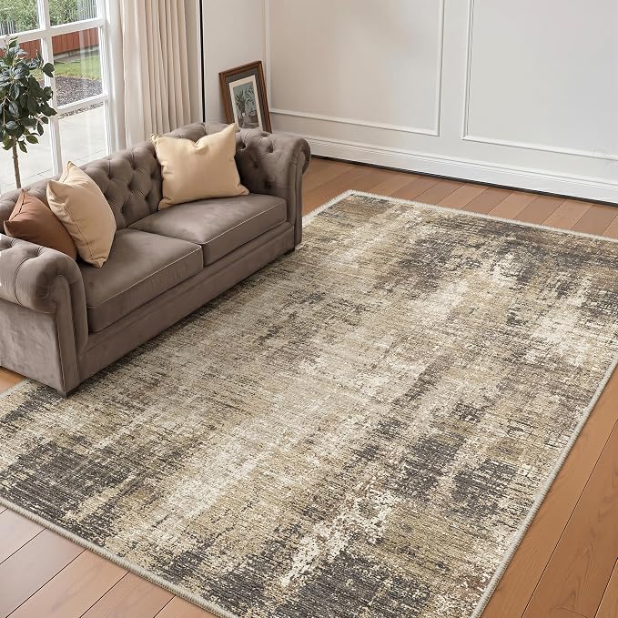 Valenrug Washable Rugs 5x7, Abstract Large Area Rugs for Living Room, Taupe | Soft & Lighweight, Folable, Stain Resistant Low Pile Thin Indoor Distressed Carpet Rugs for Bedroom,Dining Room,Kitchen