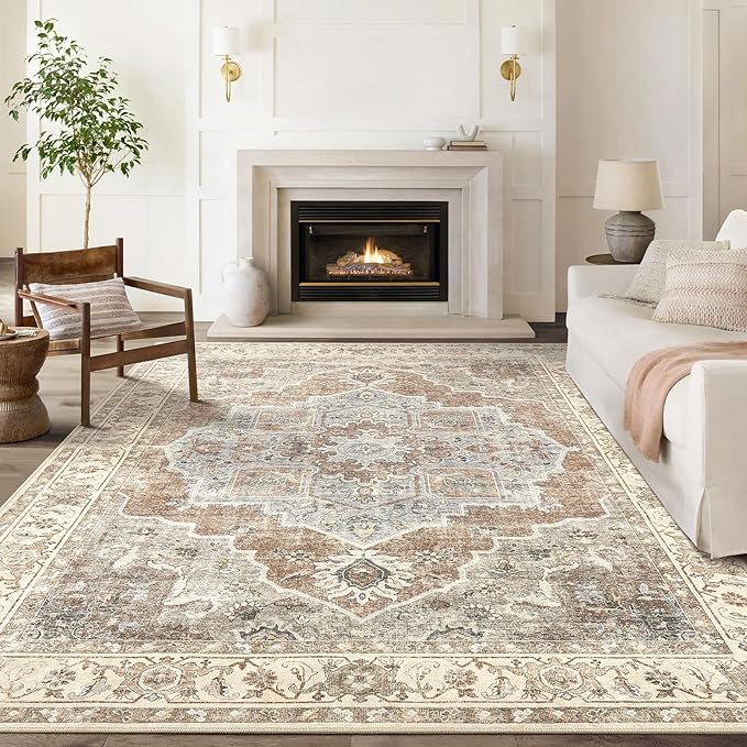 5x7 Washable Area Rug: Vintage Neutral Soft Non Slip Thin Large Floor Carpet for Living Room Bedroom Kitchen Dining Room Home Office Farmhouse Indoor - Grey Brown