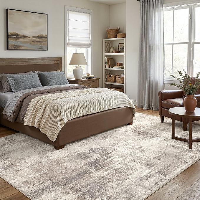 DMOYEST 8x10 Area Rug for Living Room Washable Abstract Indoor Carpet | Neutral Modern Low Pile Rugs Kid & Pet Friendly Large Soft Thin Carpet for Bedroom Dining Room - Pale Brown