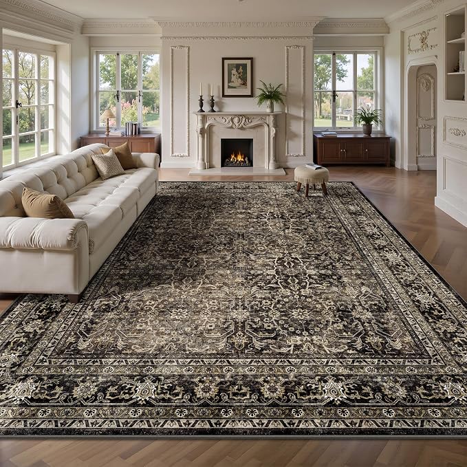 8x10 Area Rugs for Living Room - Washable Vintage Retro Large Rug, Soft Ultra Thin Non Slip Low Pile Traditional Distressed Boho Carpet for Bedroom Dining Room Home Office, Brown