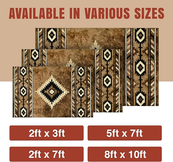 YHSF Southwestern Area Rug - Anti Static & Washable - Cigar, 2 ft x 7 ft | Soft Native American Tribal Floor Rugs for Living Room, Bedroom, Hallways, and More - Easy-to-Clean Home Decors