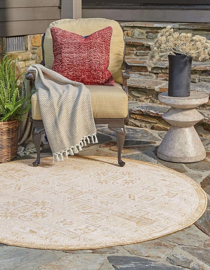 Unique Loom Outdoor Aztec Collection Area Rug - Coba (10' Round, Natural/ Ivory)